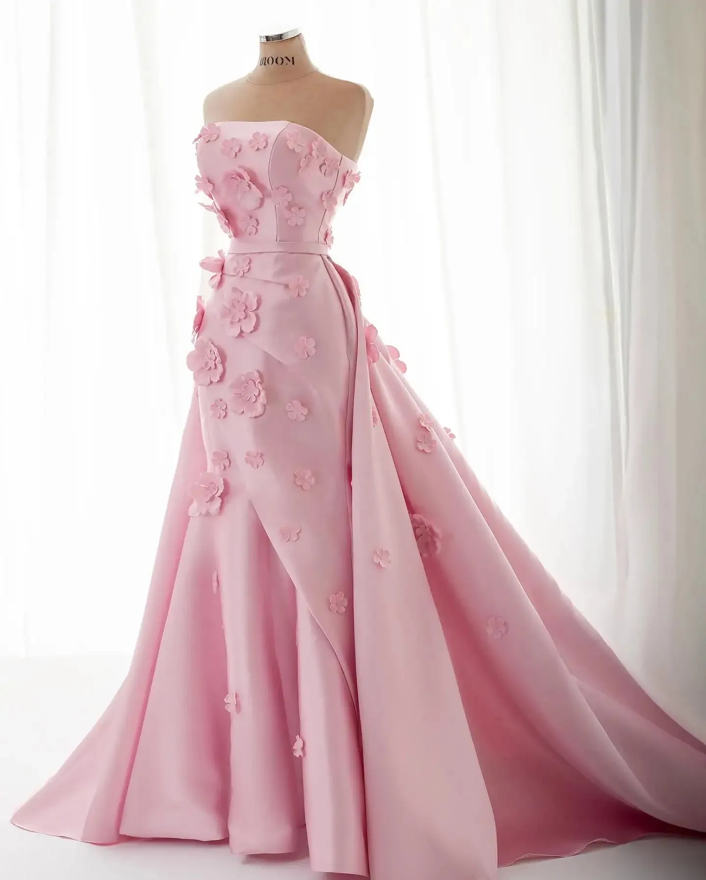 HELEN Luxury Pink 3D Flowers Evening Dress with Detachable Overskirt