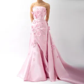 HELEN Luxury Pink 3D Flowers Evening Dress with Detachable Overskirt