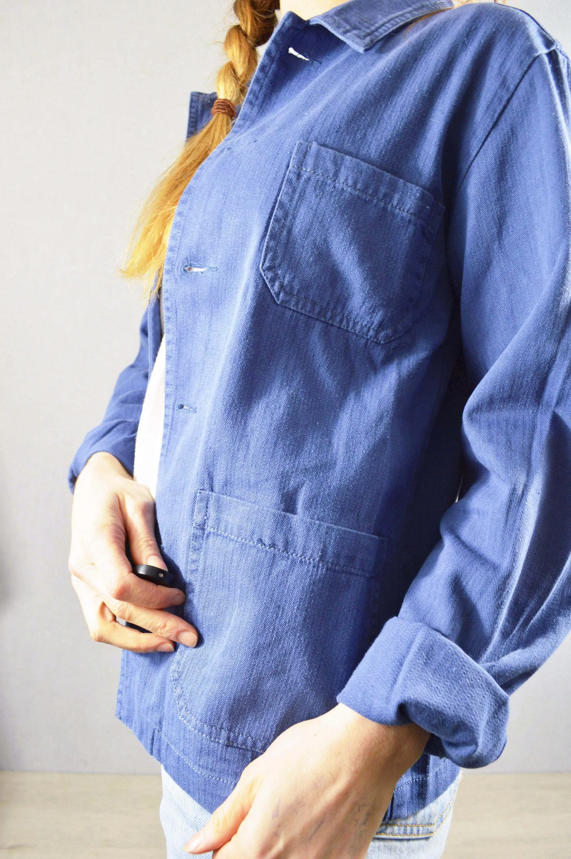 Herringbone Cotton Twill Chore Jacket Mid Blue