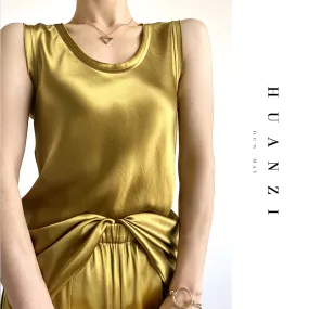 Huanzi high-quality imported triacetic sleeveless silky satin blouse vest top- Ni