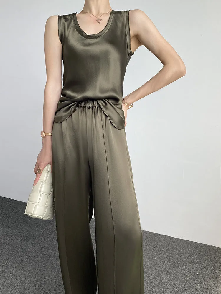 Huanzi high-quality imported triacetic sleeveless silky satin blouse vest top- Ni