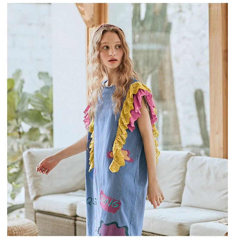 JAM PRINCESS EMBROIDERY FRILL SLEEVE DRESS WITH PATCHES