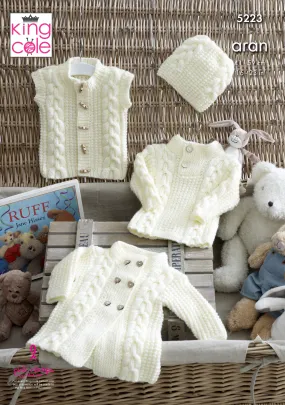 King Cole 5223 Aran Baby Knitting Pattern - Coat, Sweater, Gilet & Hat (3 Mnths to 3 Yrs)