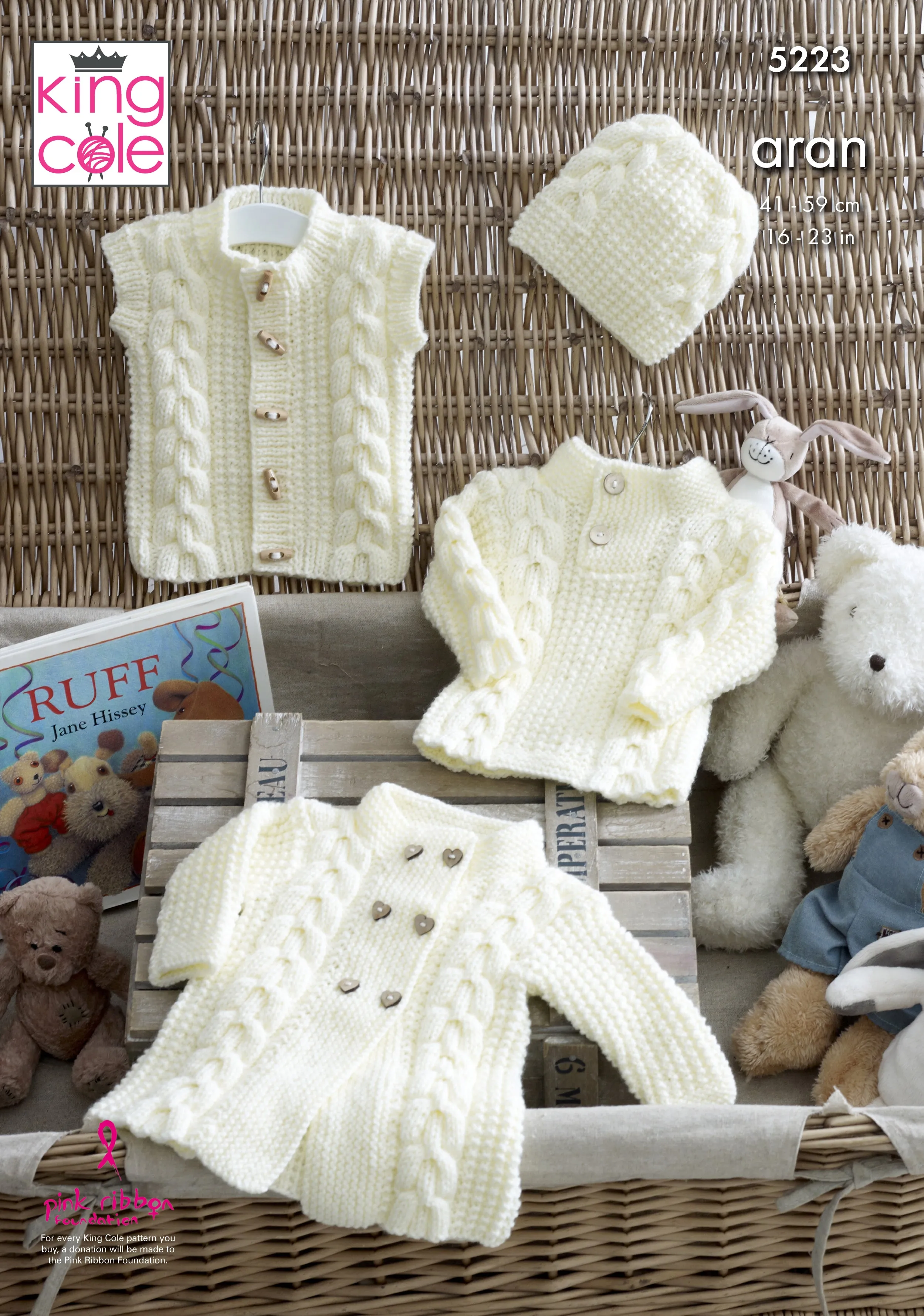 King Cole 5223 Aran Baby Knitting Pattern - Coat, Sweater, Gilet & Hat (3 Mnths to 3 Yrs)