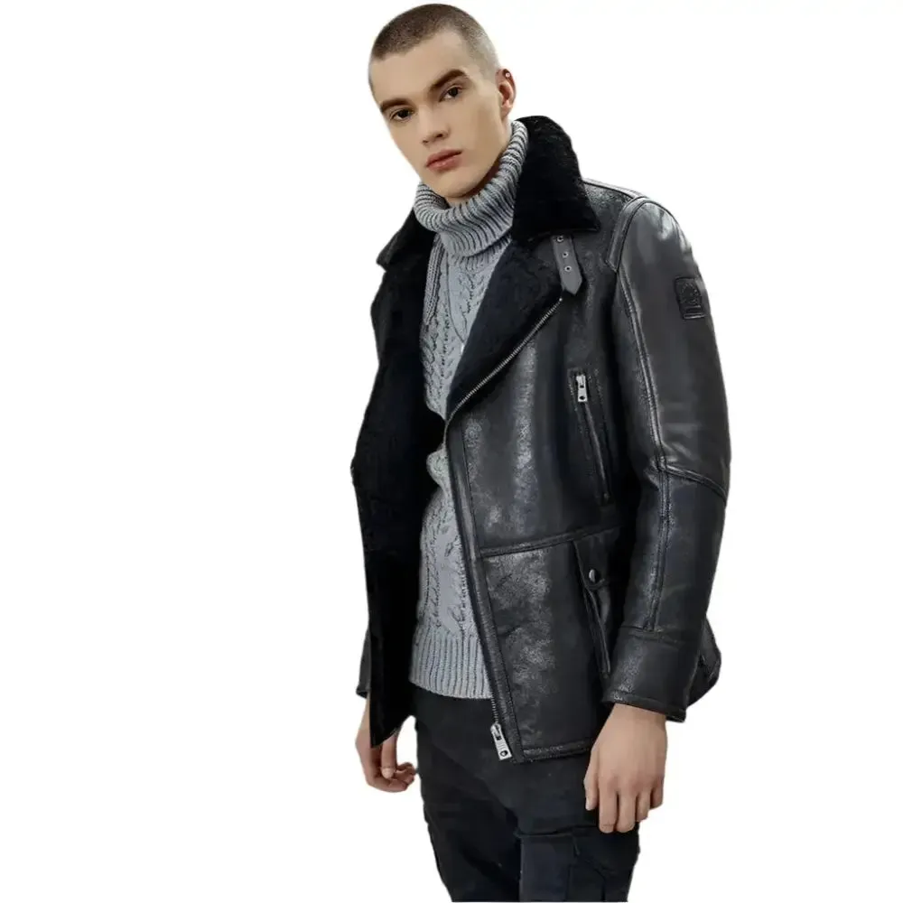 Men's Black B3 Shearling Bomber Jacket - Warm Sheepskin Coat