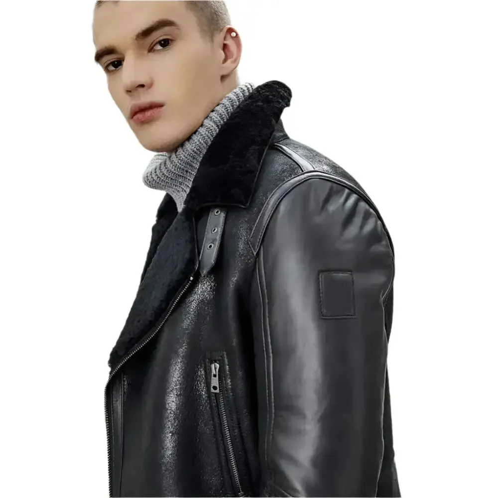 Men's Black B3 Shearling Bomber Jacket - Warm Sheepskin Coat