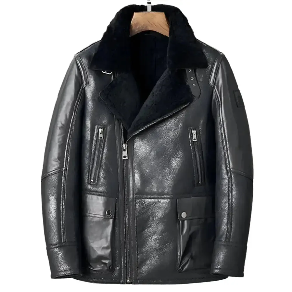 Men's Black B3 Shearling Bomber Jacket - Warm Sheepskin Coat