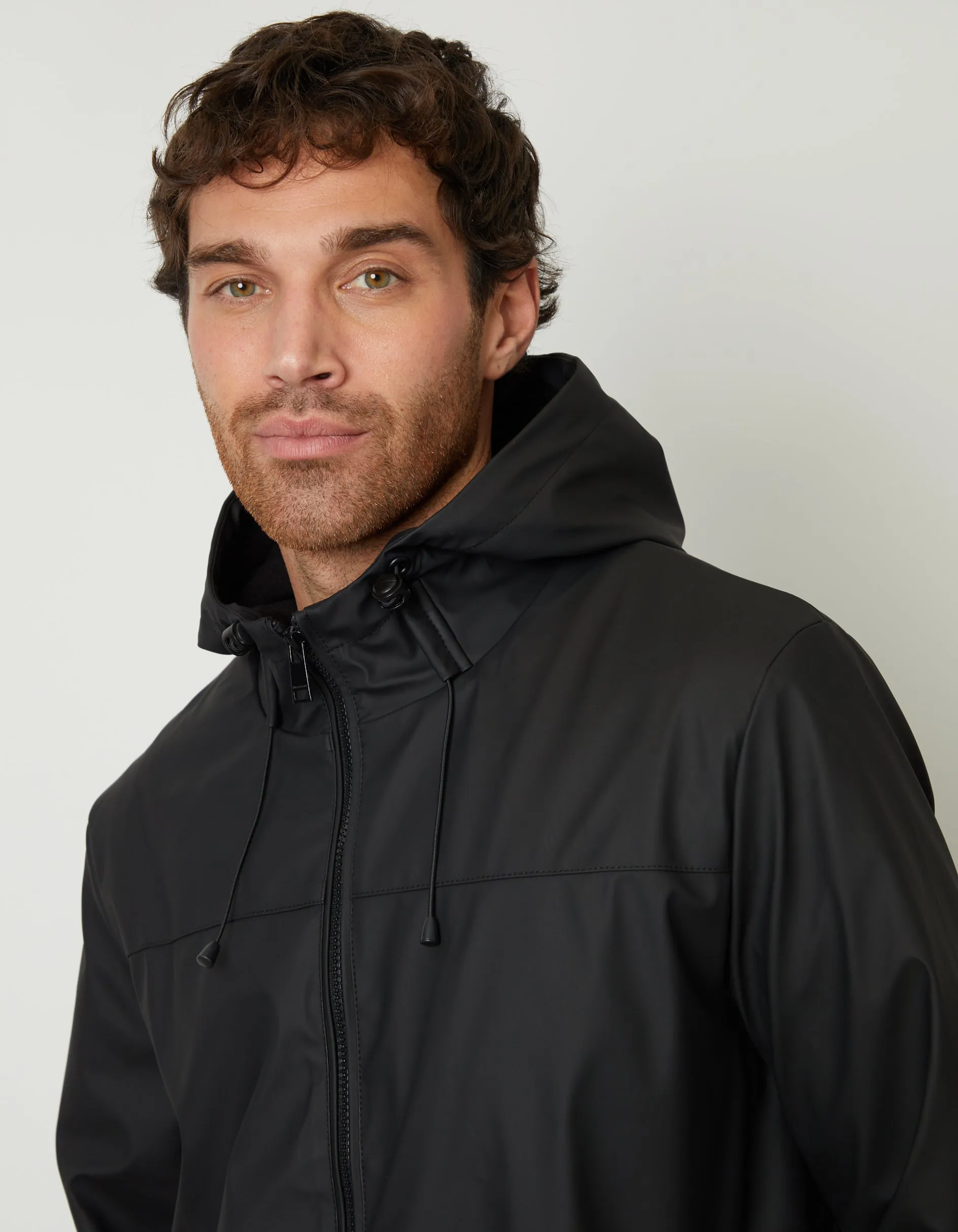 Men's Black Microfleece Lined Hooded Rubberised Raincoat