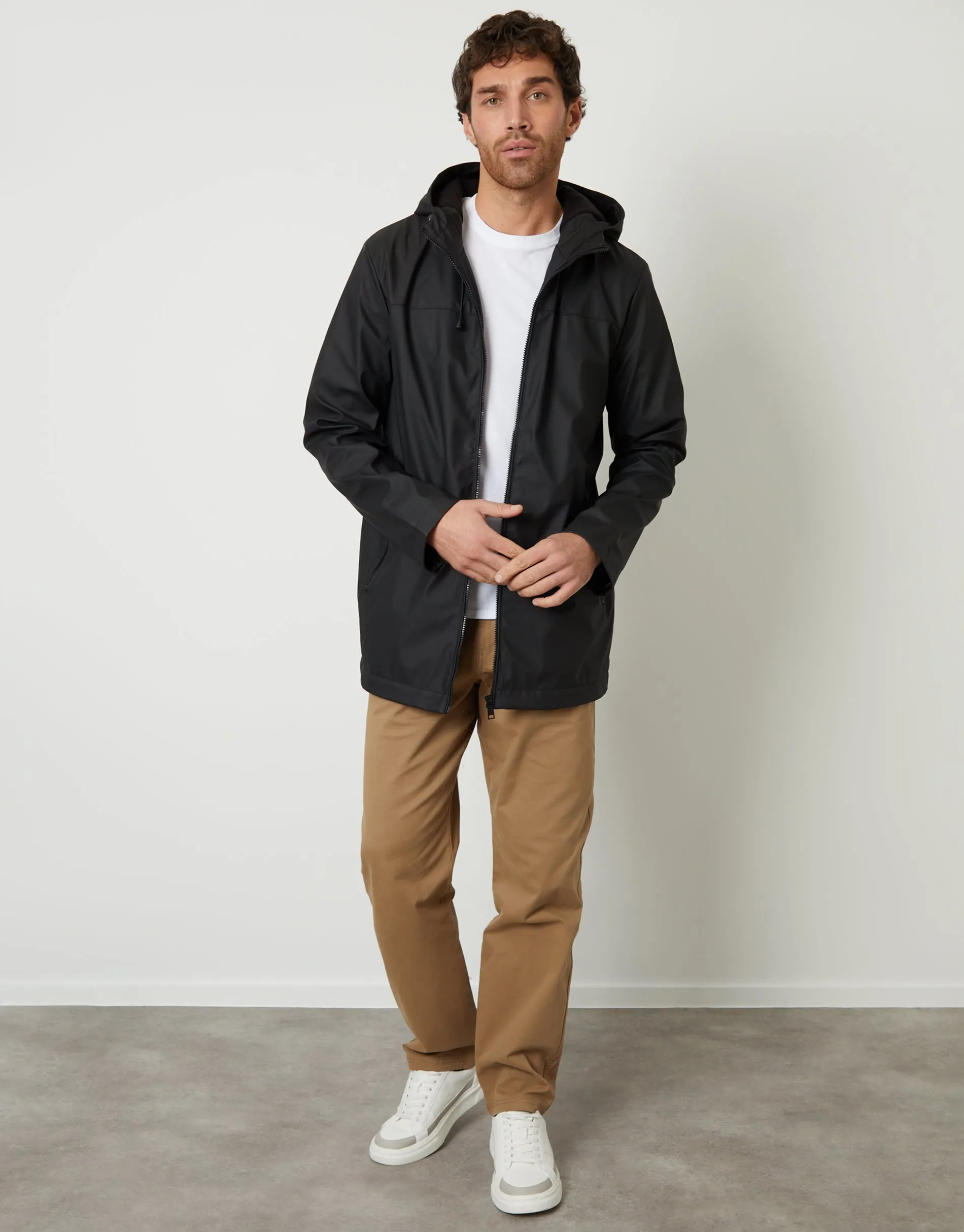 Men's Black Microfleece Lined Hooded Rubberised Raincoat