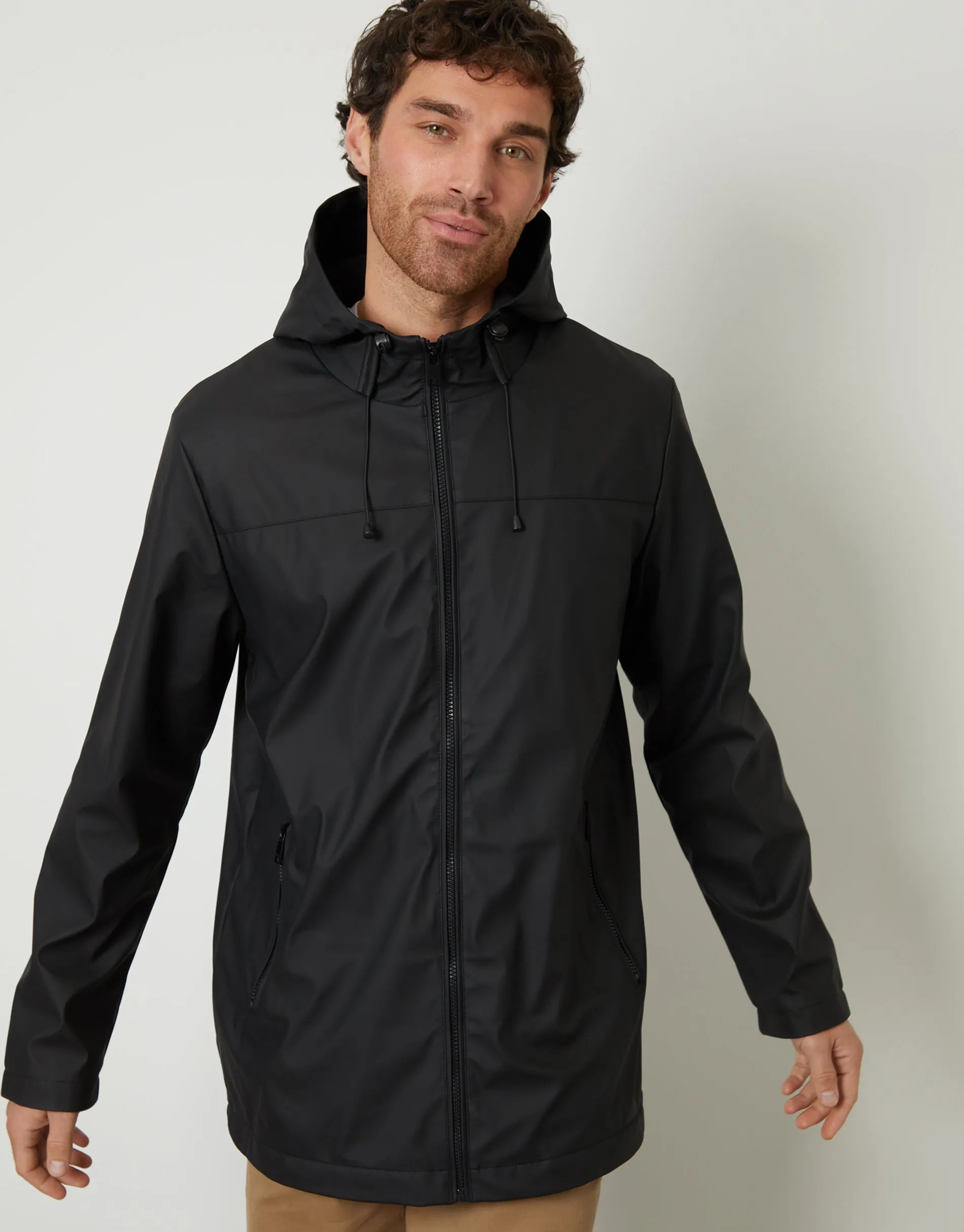 Men's Black Microfleece Lined Hooded Rubberised Raincoat