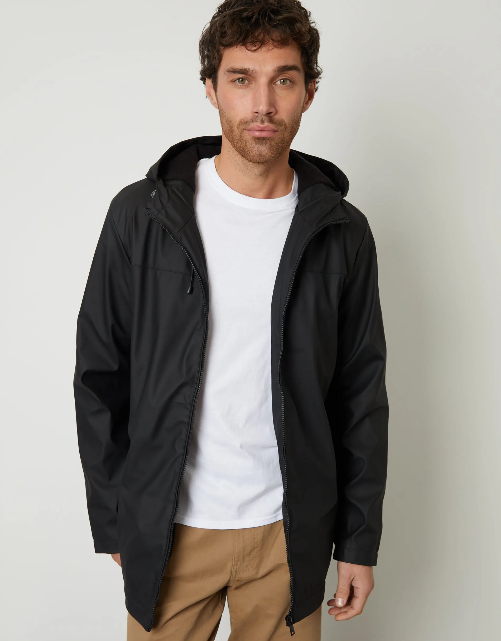 Men's Black Microfleece Lined Hooded Rubberised Raincoat