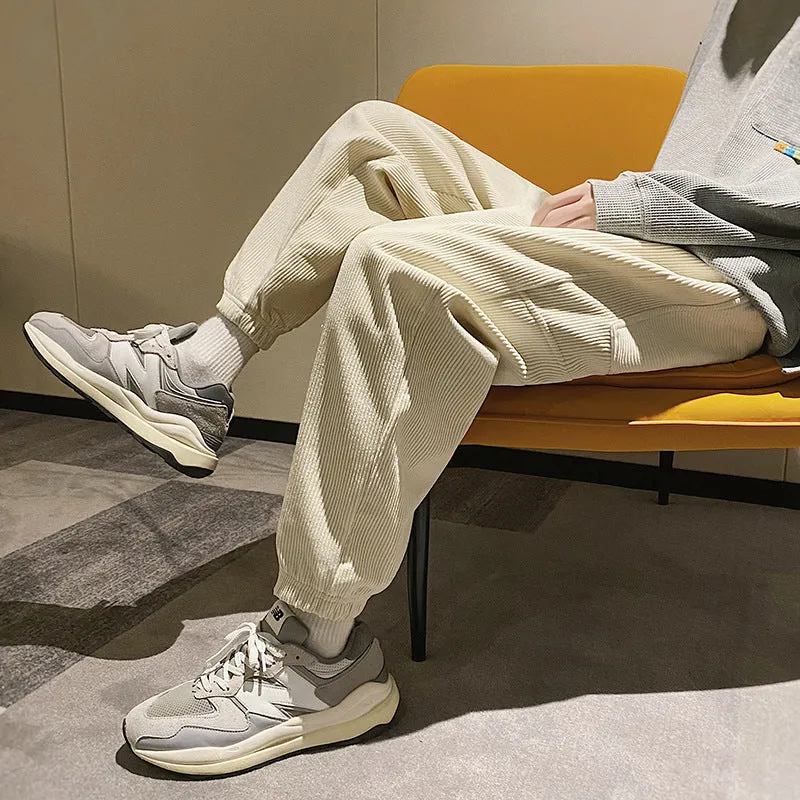 Mens Corduroy Pants Fall/Winter Loose Drooping Fleece Straight Ankle Banded Pants Casual Pants