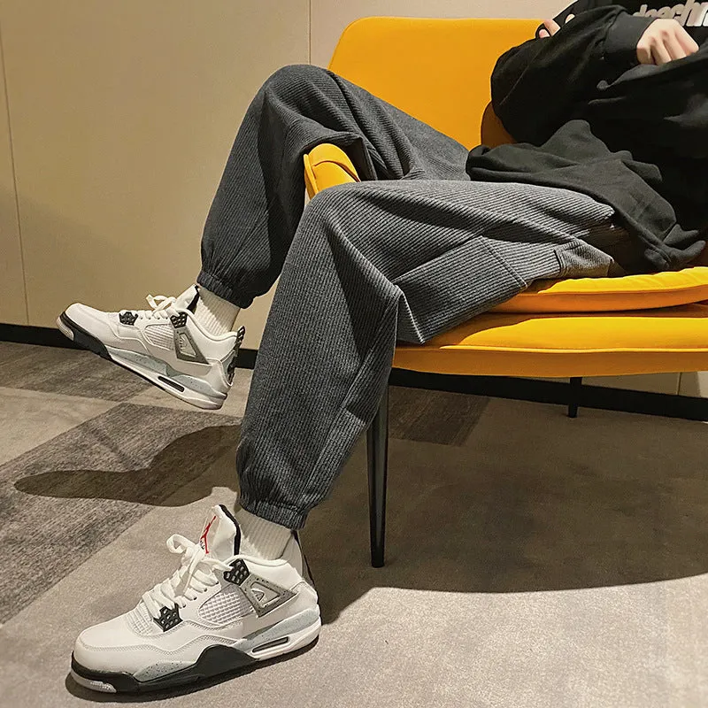 Mens Corduroy Pants Fall/Winter Loose Drooping Fleece Straight Ankle Banded Pants Casual Pants