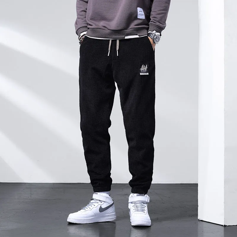 Mens Corduroy Pants Fleece-Lined Thickened Casual Pants Men's Loose Tappered Waffle Warm-Keeping Pants
