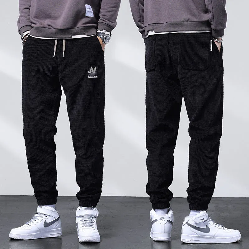 Mens Corduroy Pants Fleece-Lined Thickened Casual Pants Men's Loose Tappered Waffle Warm-Keeping Pants