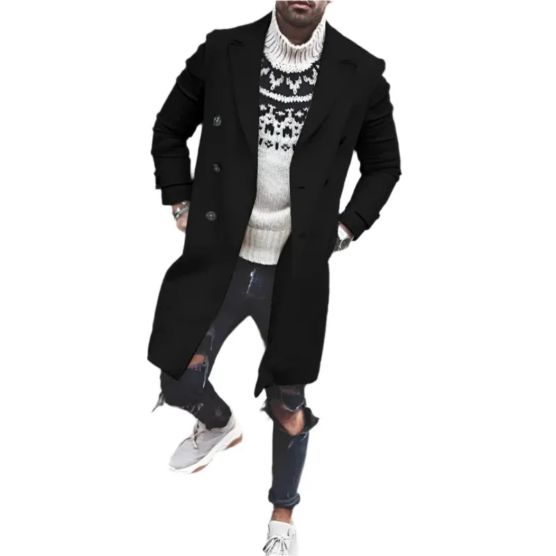 Men's Fashion Woolen Coat - Solid Casual Lapel Double-Breasted Overcoat with Long Sleeves
