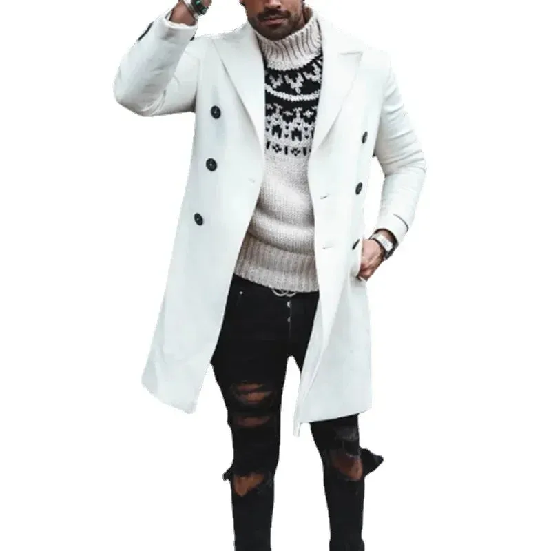 Men's Fashion Woolen Coat - Solid Casual Lapel Double-Breasted Overcoat with Long Sleeves