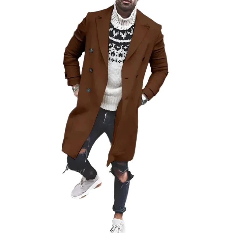 Men's Fashion Woolen Coat - Solid Casual Lapel Double-Breasted Overcoat with Long Sleeves