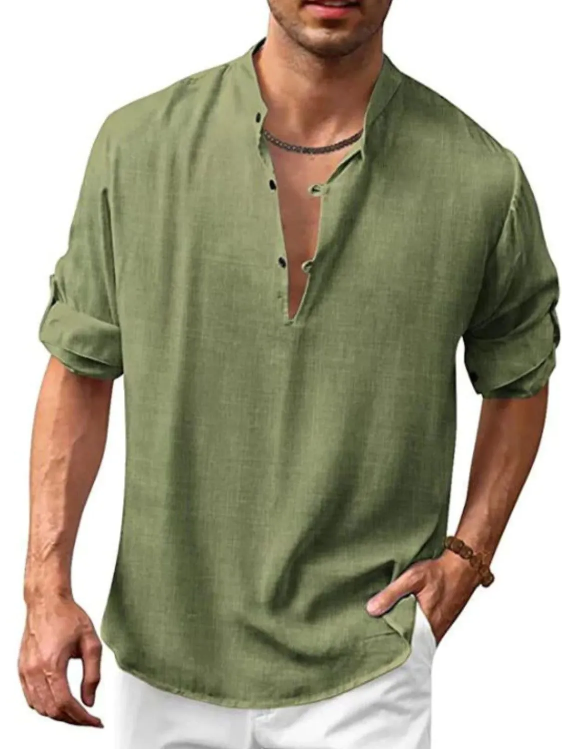 Men's Plus Size Full-Length Half Button Long Sleeve Shirt