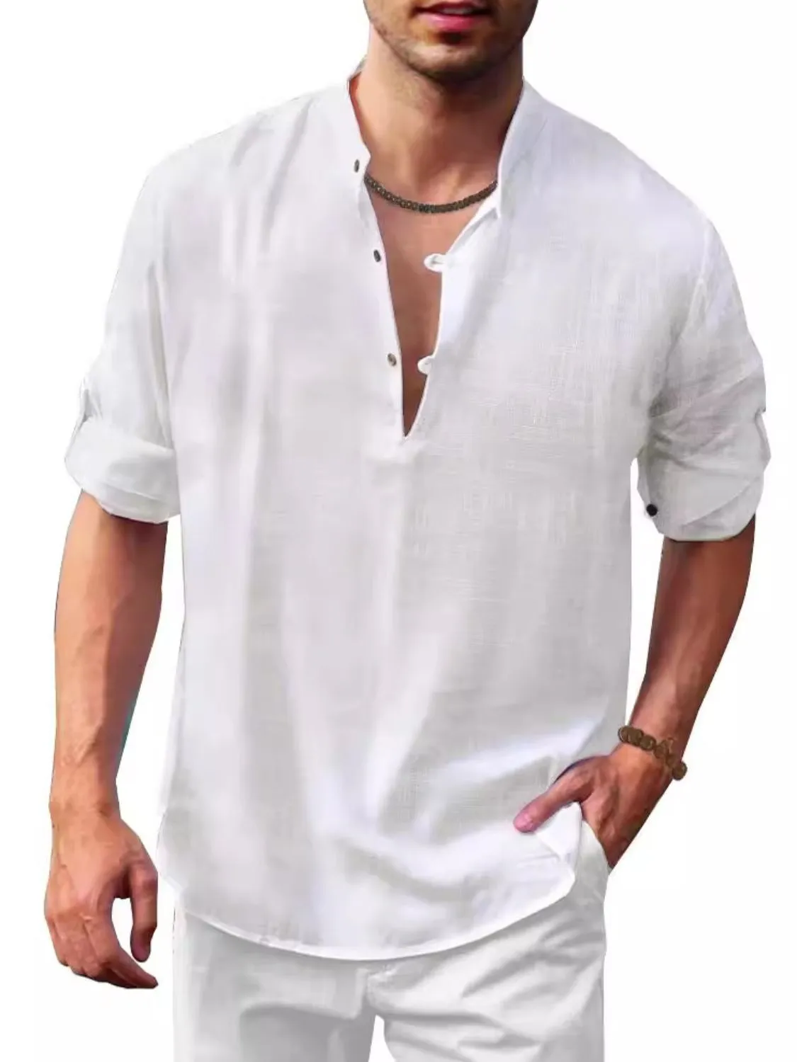 Men's Plus Size Full-Length Half Button Long Sleeve Shirt