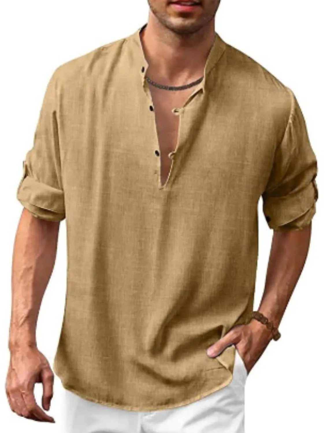 Men's Plus Size Full-Length Half Button Long Sleeve Shirt