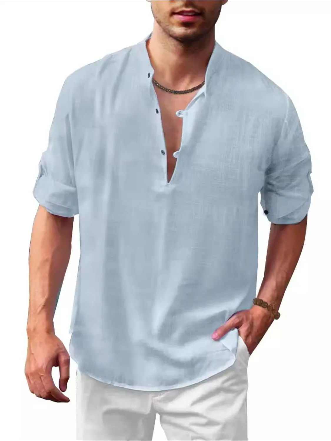 Men's Plus Size Full-Length Half Button Long Sleeve Shirt