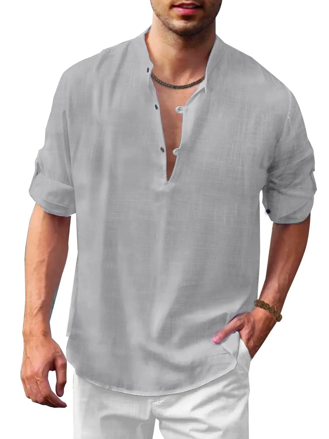 Men's Plus Size Full-Length Half Button Long Sleeve Shirt