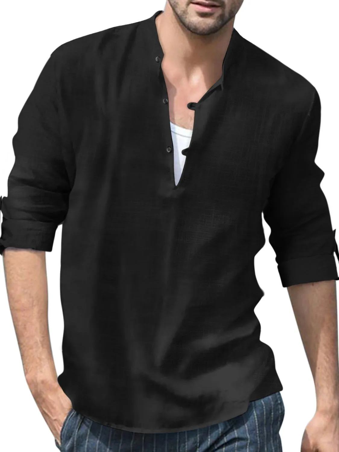 Men's Plus Size Full-Length Half Button Long Sleeve Shirt