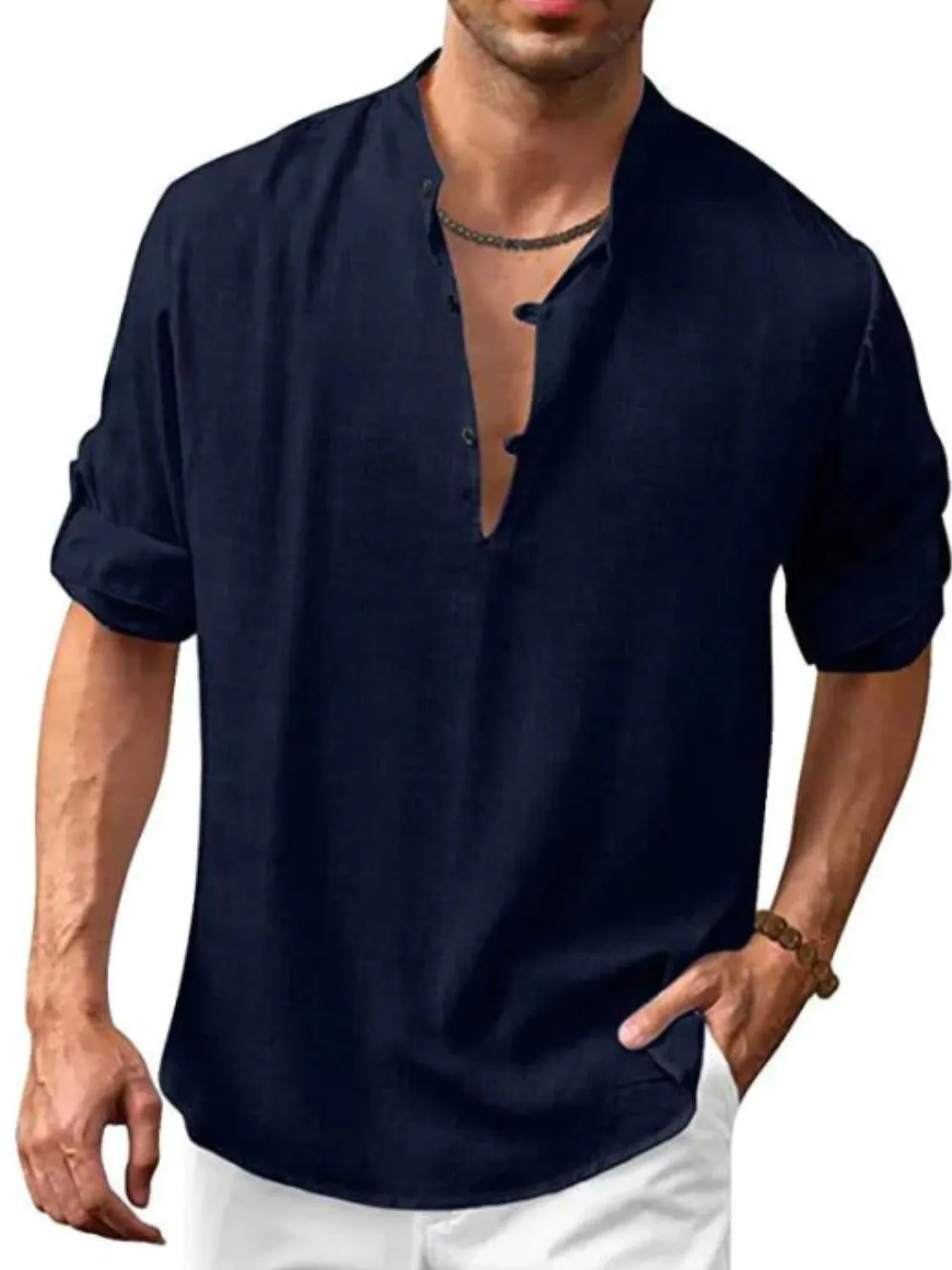 Men's Plus Size Full-Length Half Button Long Sleeve Shirt