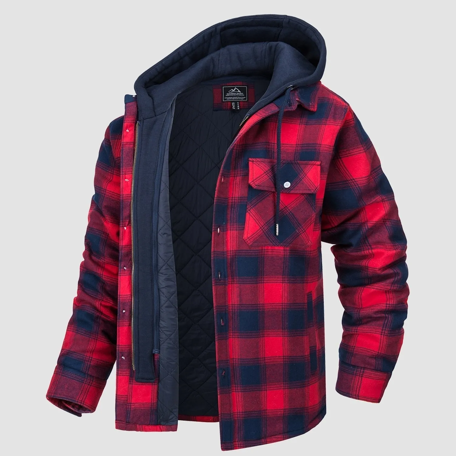 Men's Quilted Flannel Shirt Jacket with Removable Hood