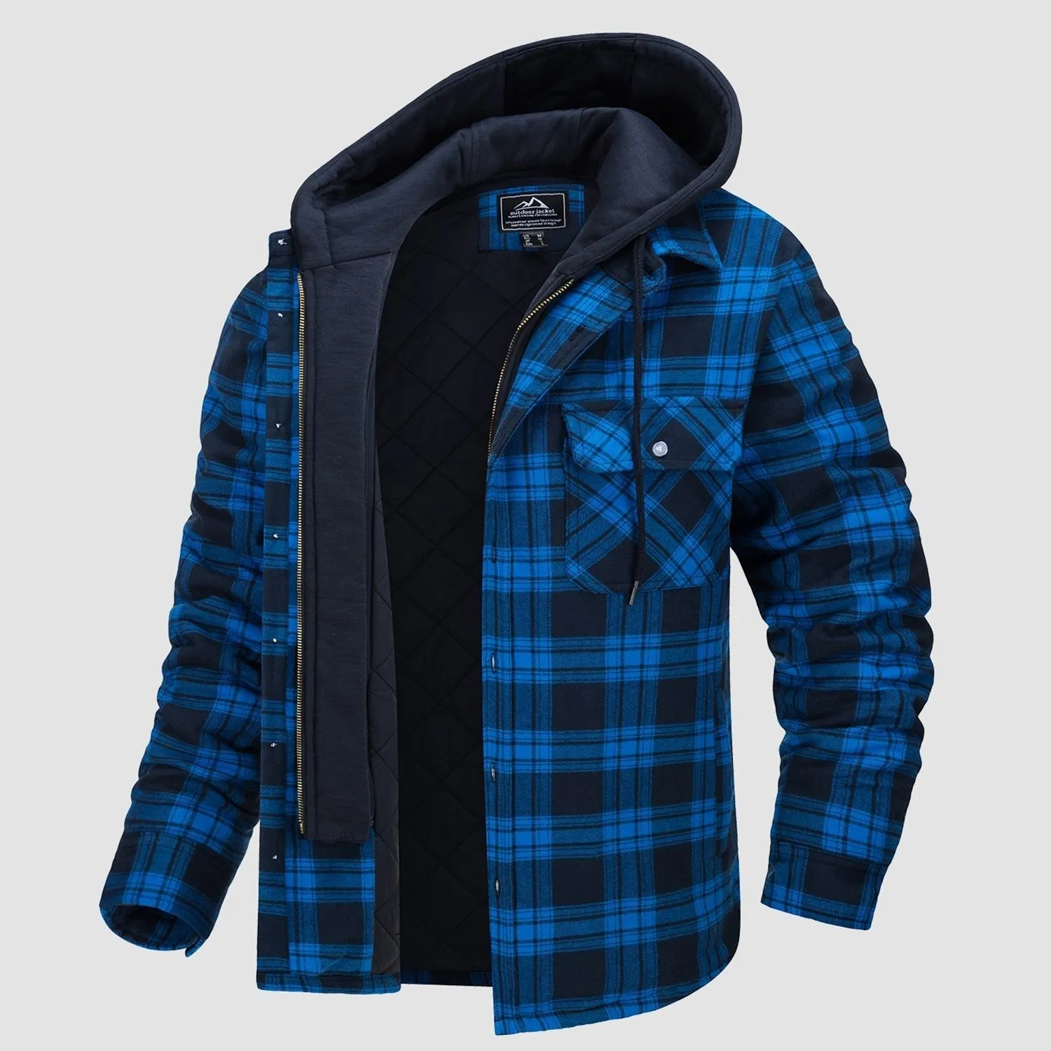 Men's Quilted Flannel Shirt Jacket with Removable Hood