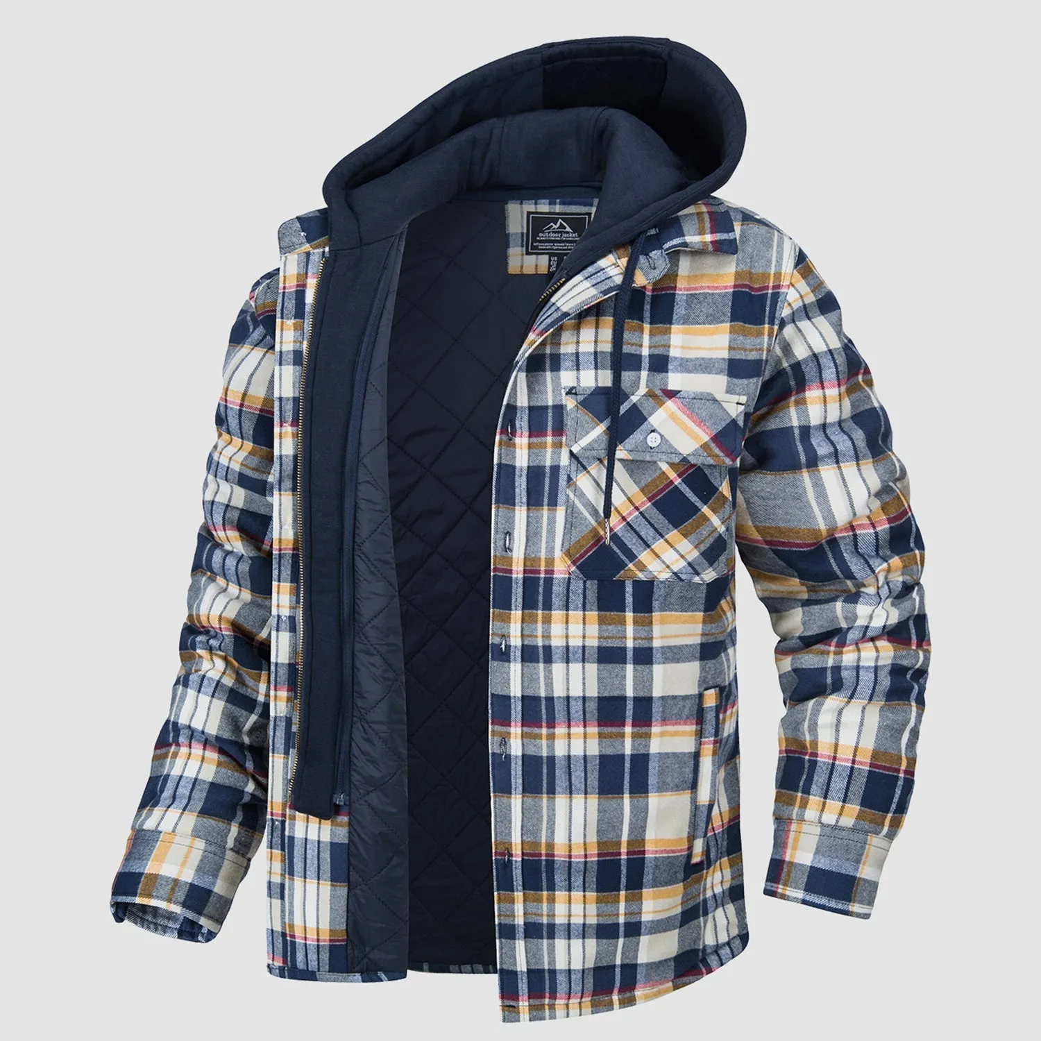 Men's Quilted Flannel Shirt Jacket with Removable Hood