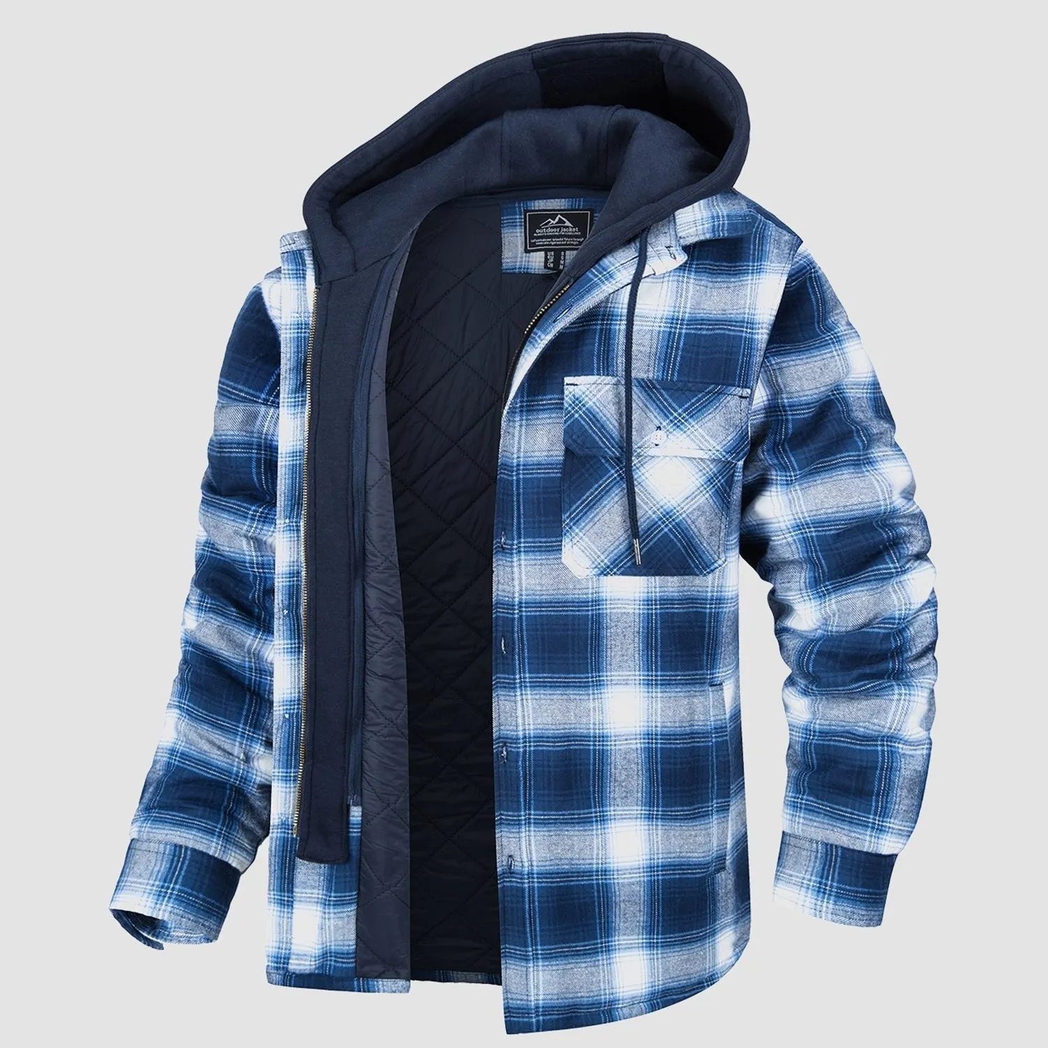 Men's Quilted Flannel Shirt Jacket with Removable Hood