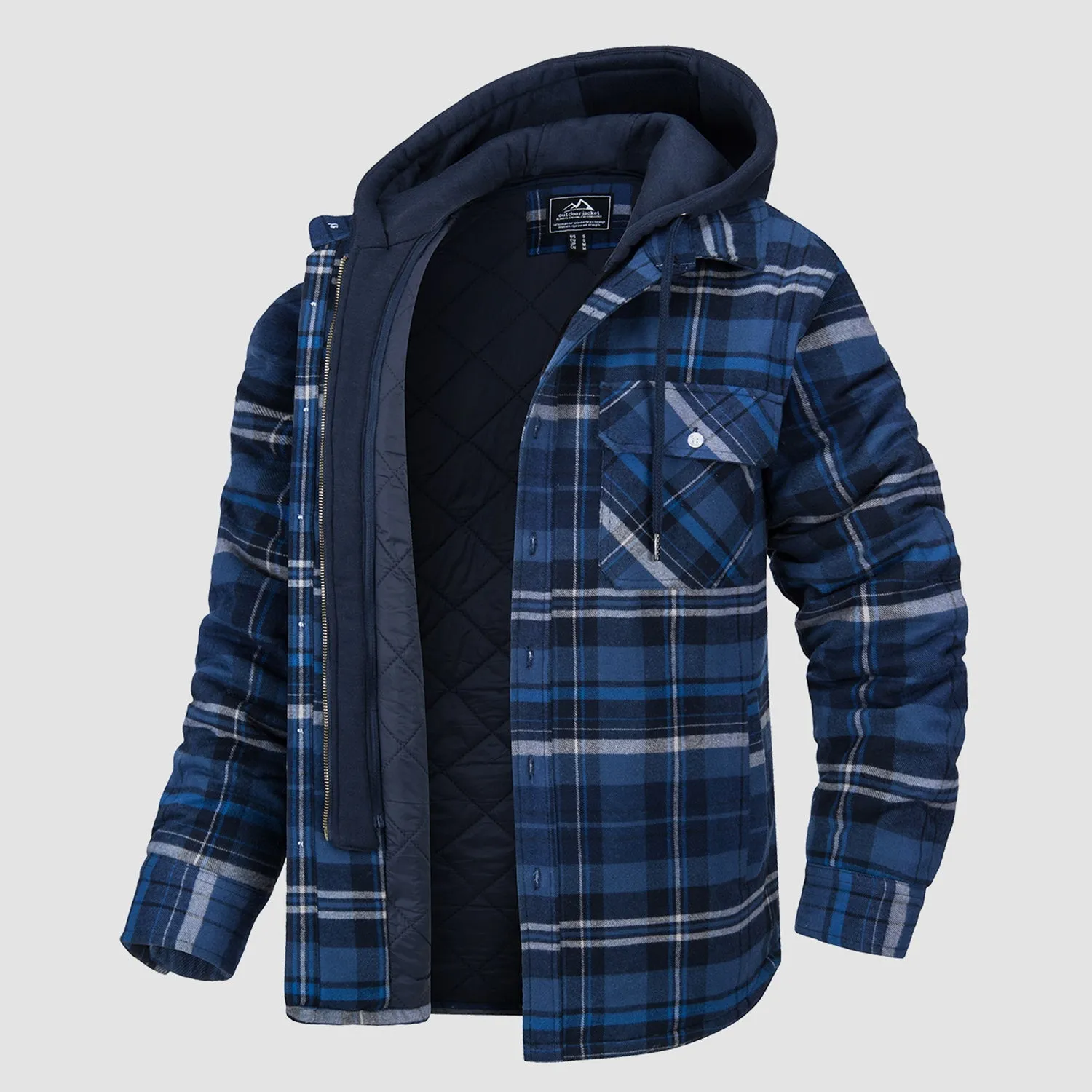 Men's Quilted Flannel Shirt Jacket with Removable Hood