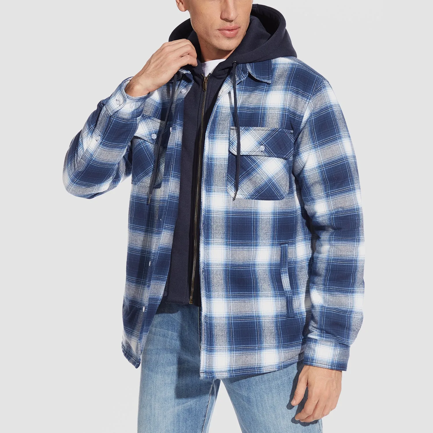 Men's Quilted Flannel Shirt Jacket with Removable Hood
