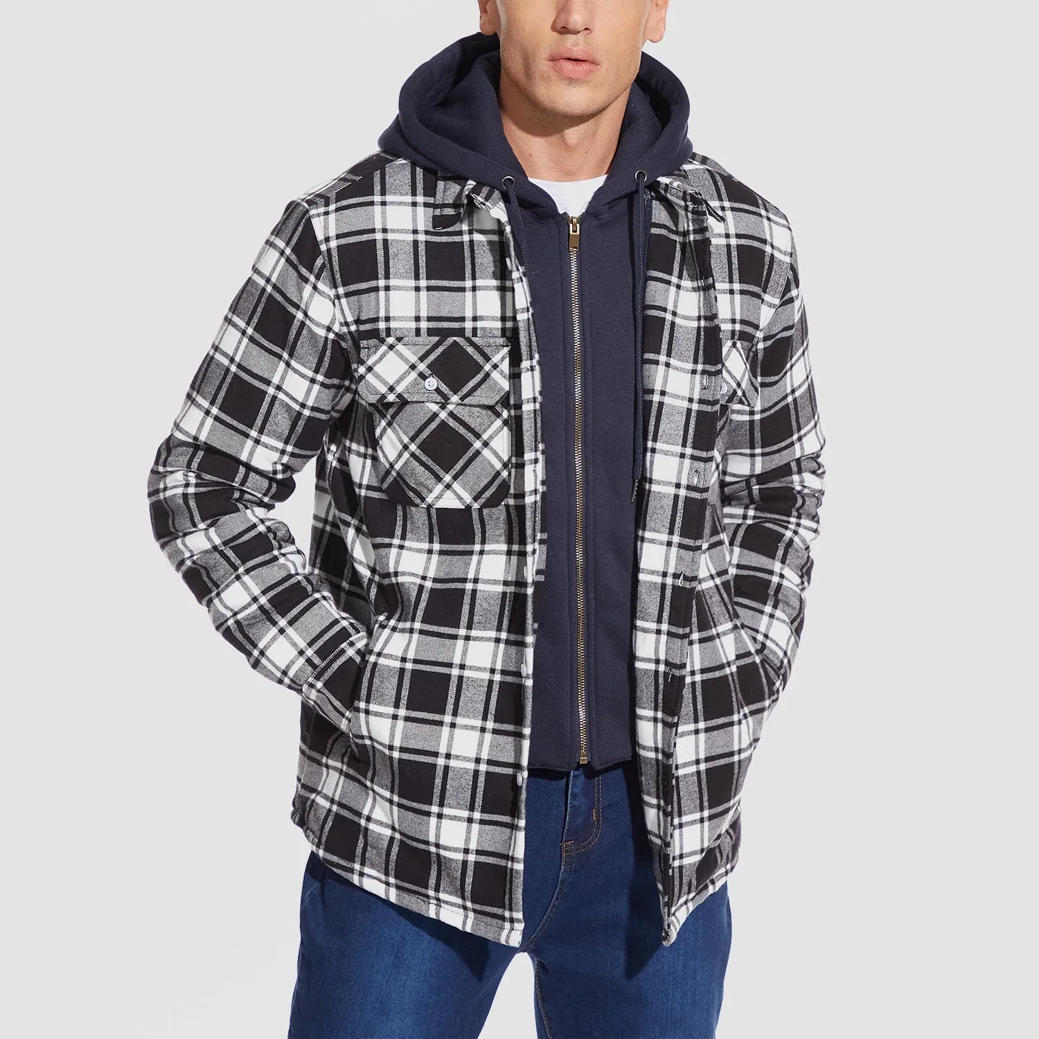 Men's Quilted Flannel Shirt Jacket with Removable Hood