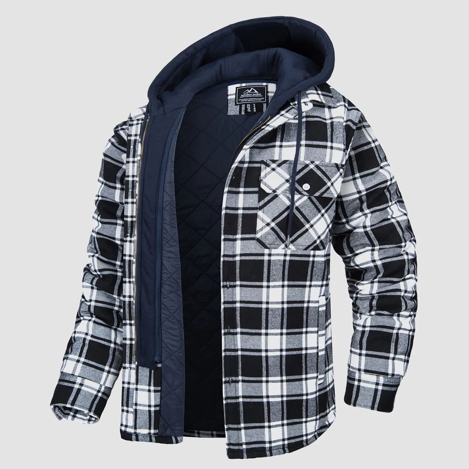 Men's Quilted Flannel Shirt Jacket with Removable Hood