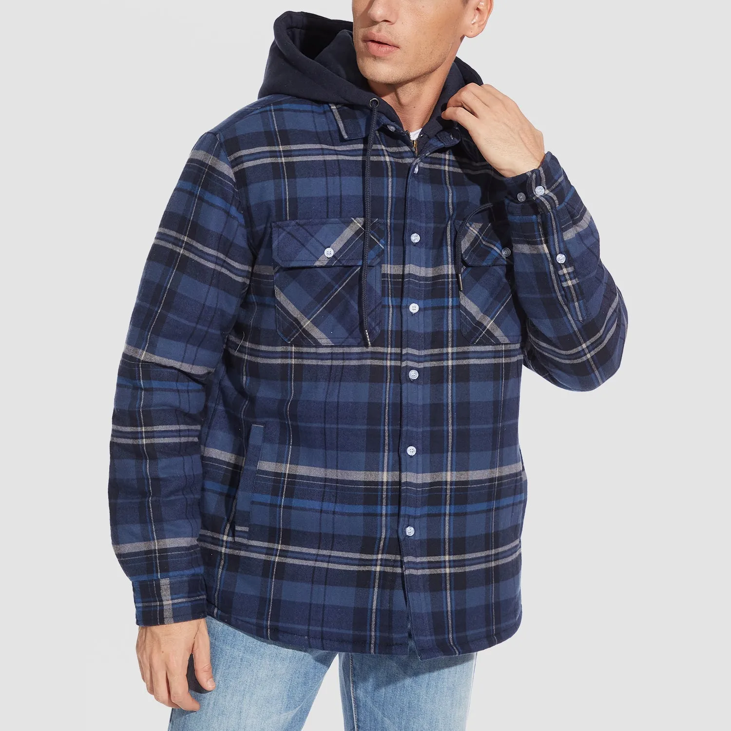Men's Quilted Flannel Shirt Jacket with Removable Hood