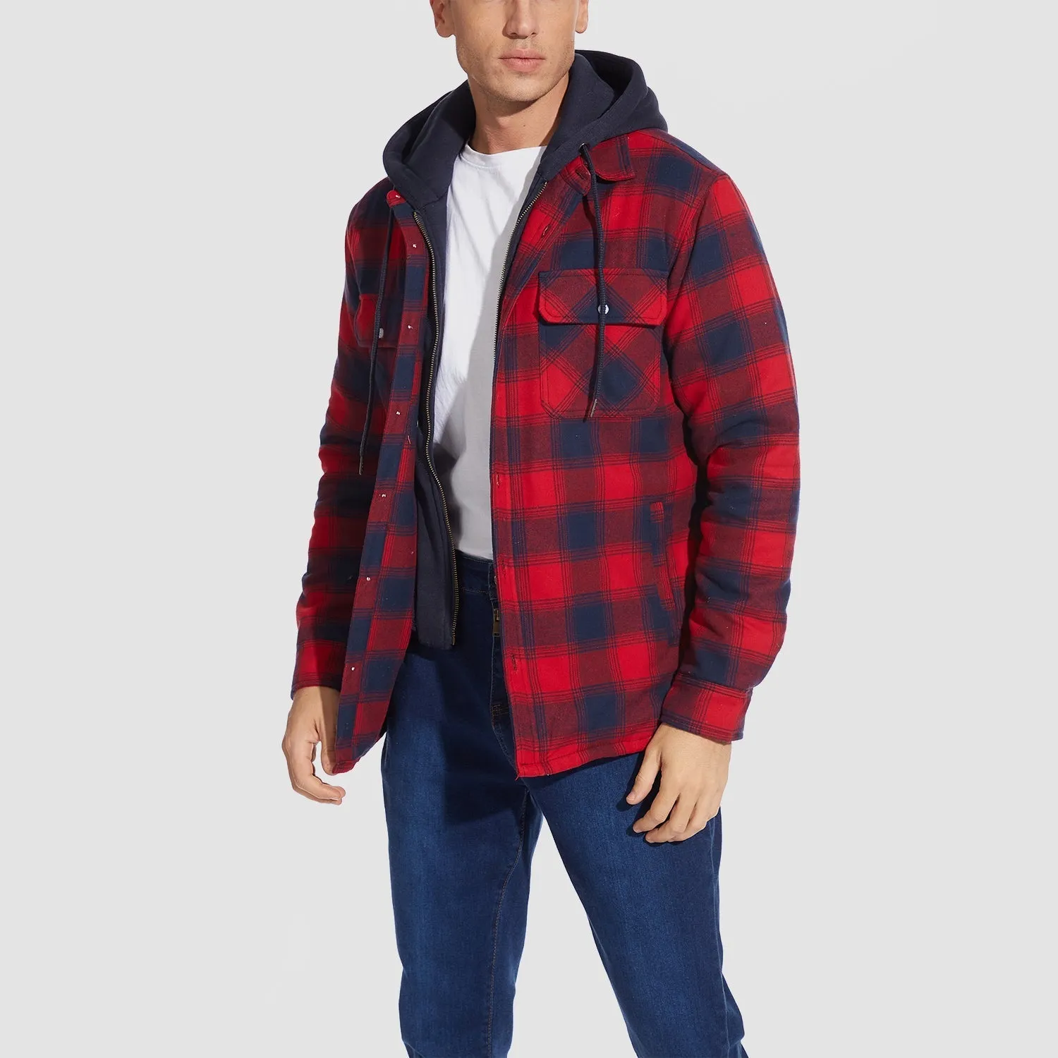 Men's Quilted Flannel Shirt Jacket with Removable Hood