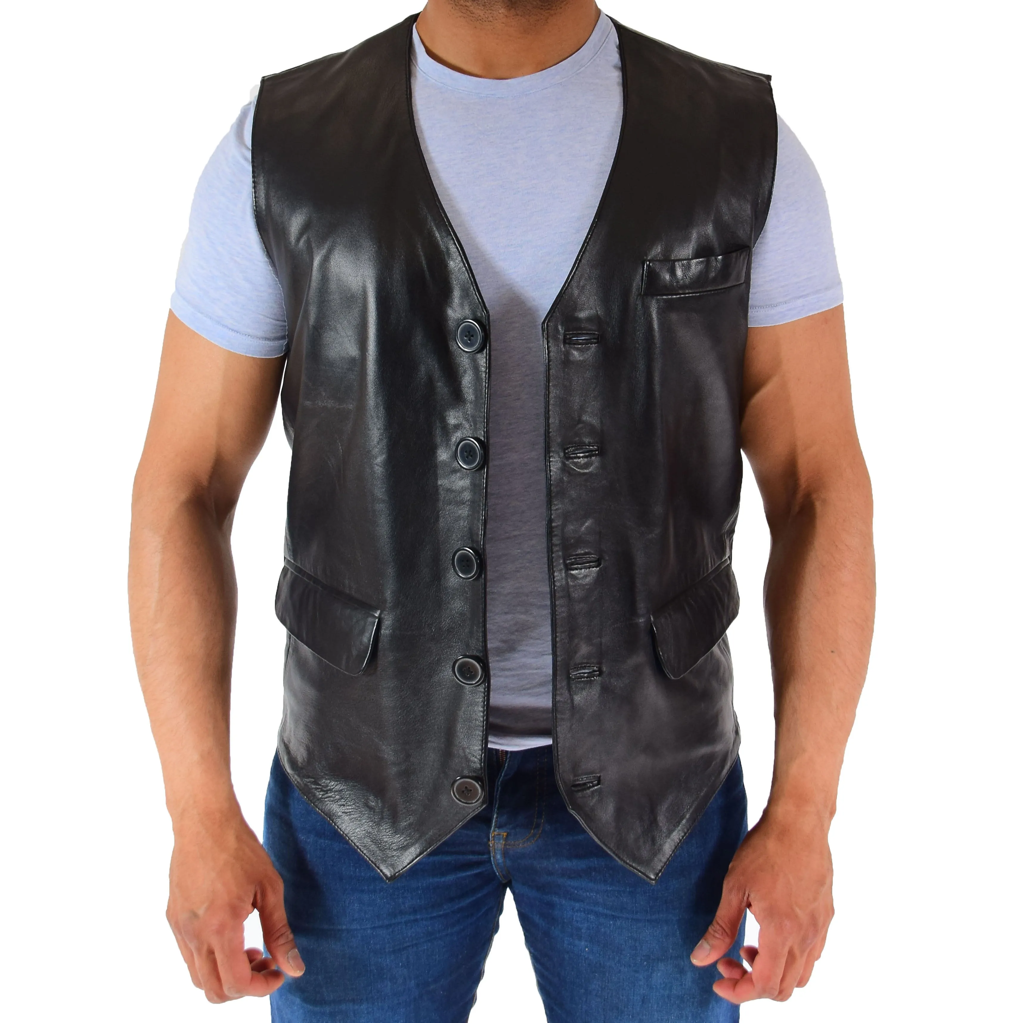 Mens Real Leather Waistcoat Black Soft Trendy English Style Full Leather Gilet Liam