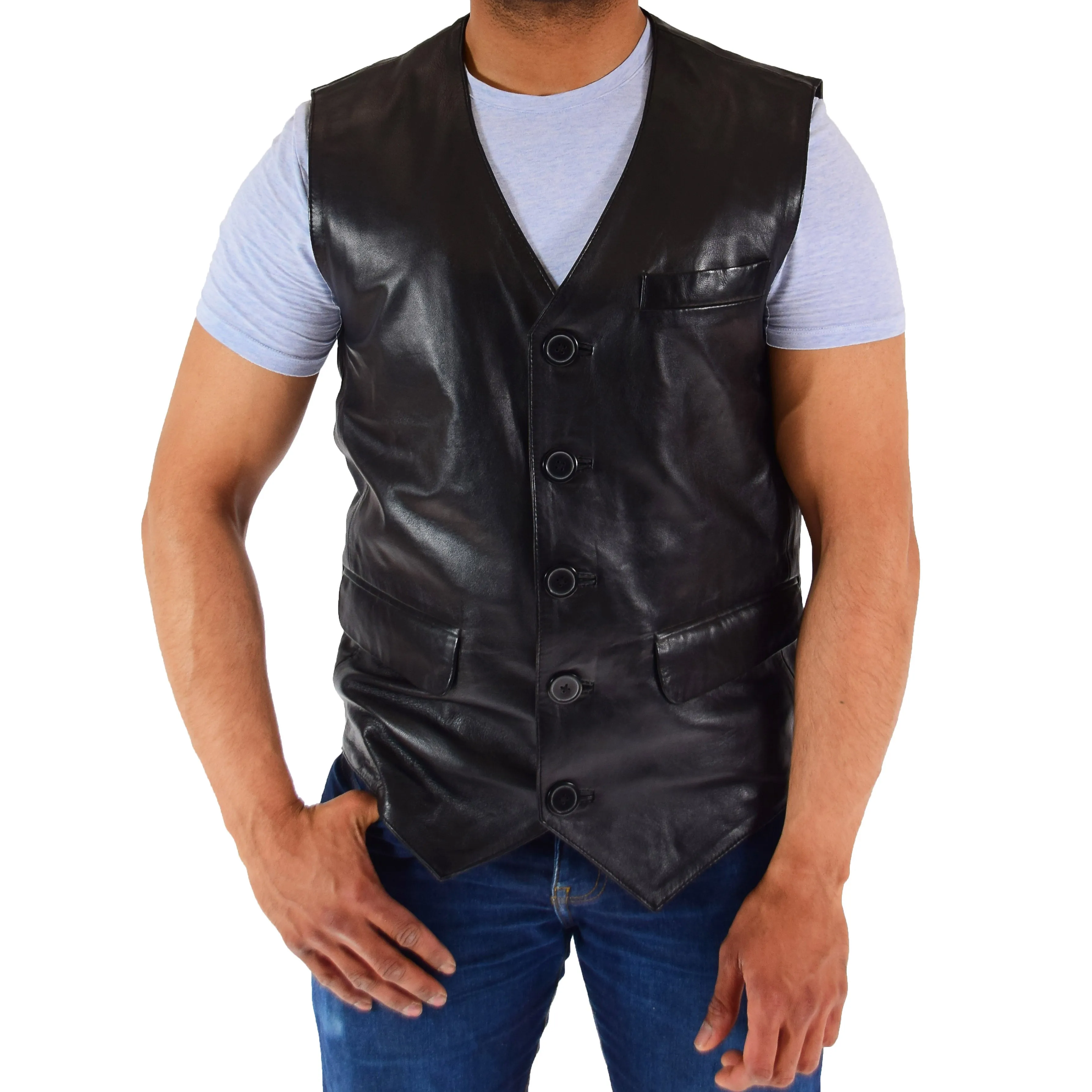 Mens Real Leather Waistcoat Black Soft Trendy English Style Full Leather Gilet Liam