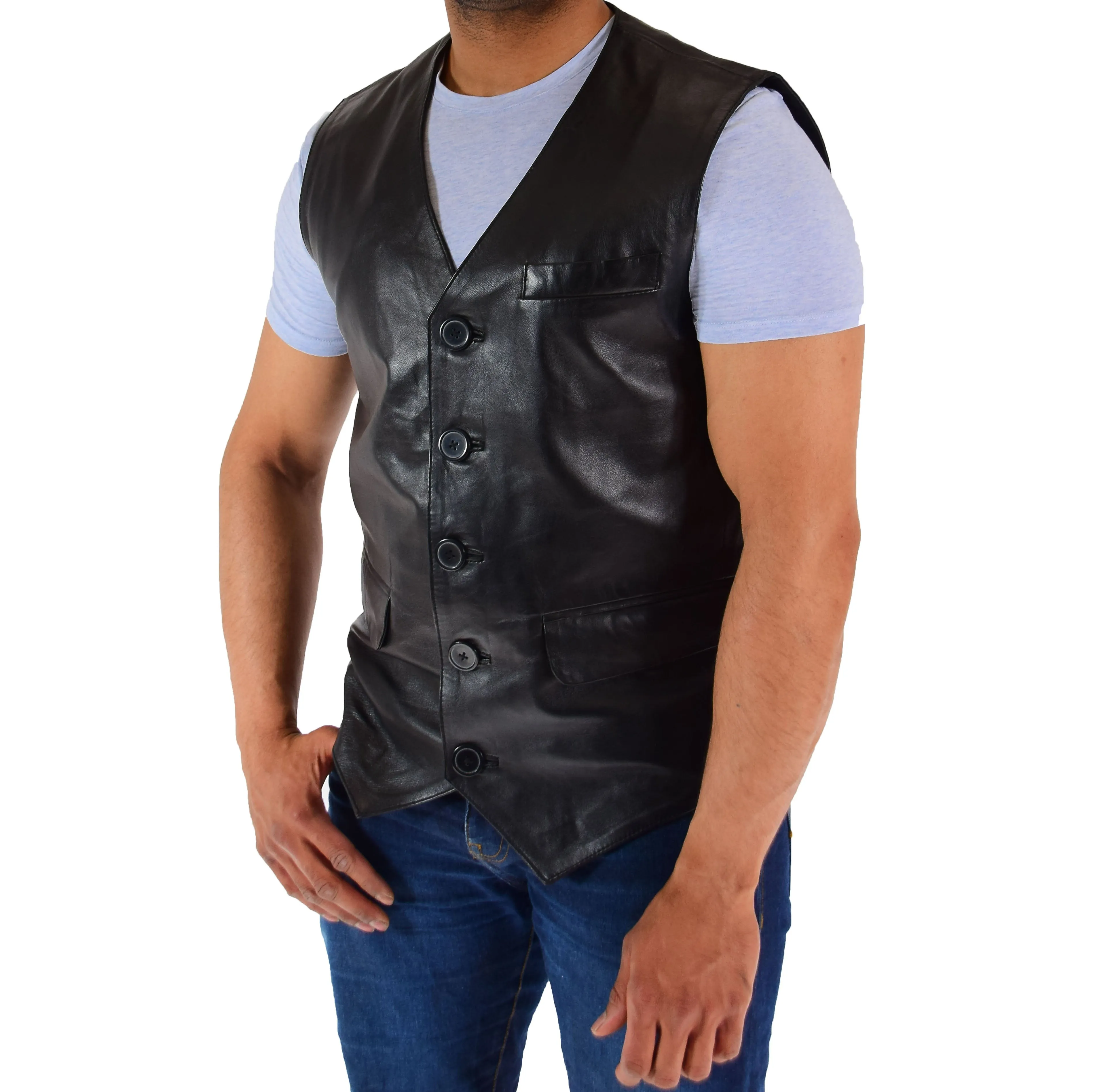 Mens Real Leather Waistcoat Black Soft Trendy English Style Full Leather Gilet Liam