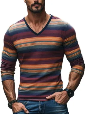 Men's V-Neck Retro Color Striped Casual Long-Sleeved T-Shirt