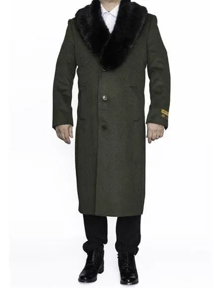 Moscow: MENS FULL LENGTH REMOVABLE FUR COLLAR OLIVE GREEN - MENS TOPCOAT / OVERCOAT