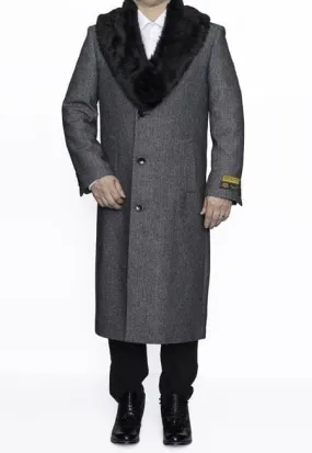 Moscow: MENS GREY TOPCOAT REMOVABLE FUR COLLAR FULL LENGTH WOOL HERRINGBONE OVERCOAT