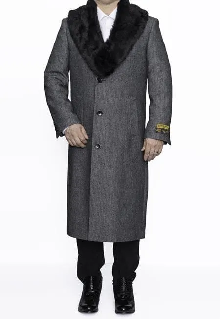 Moscow: MENS GREY TOPCOAT REMOVABLE FUR COLLAR FULL LENGTH WOOL HERRINGBONE OVERCOAT