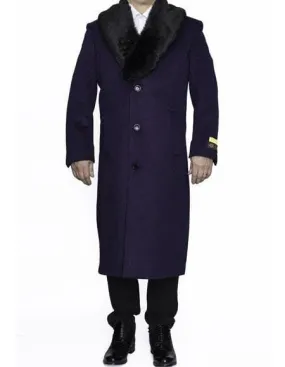 Moscow: PURPLE FULL LENGTH REMOVABLE FUR COLLAR WOOL TOP COAT / OVERCOAT