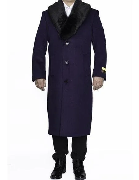 Moscow: PURPLE FULL LENGTH REMOVABLE FUR COLLAR WOOL TOP COAT / OVERCOAT