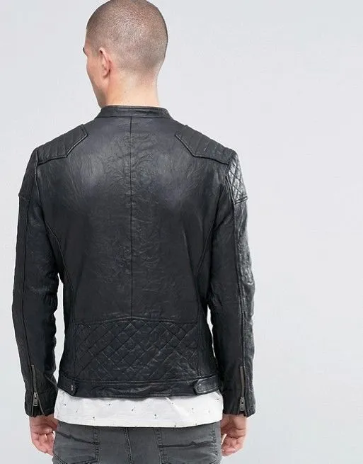 Nateo Mens Motorcycle Black Leather Jacket Men