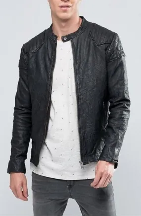 Nateo Mens Motorcycle Black Leather Jacket Men